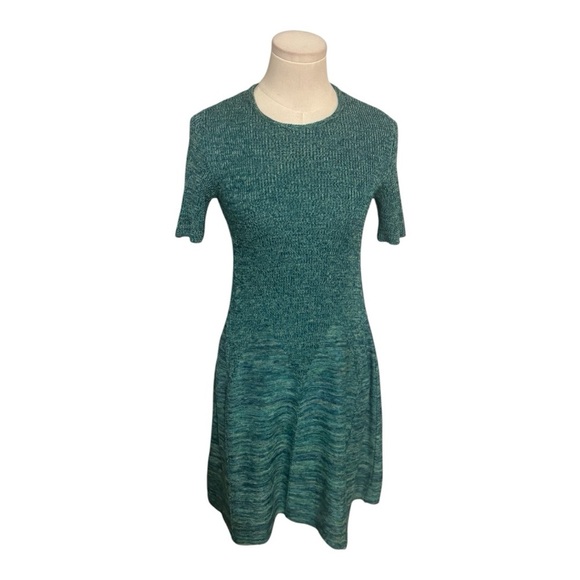 Vintage Henri Bendel Green Blue Cotton Knit Mini Midi Dress RARE Sz 9/10 A Line - Picture 1 of 5